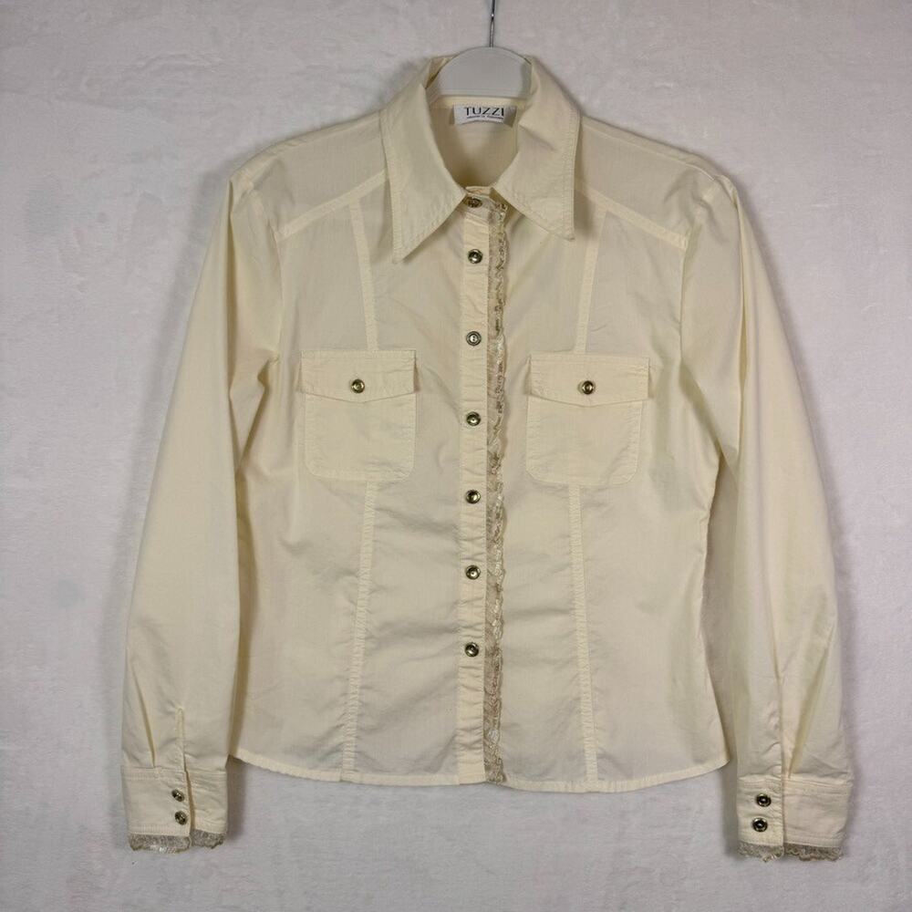Tuzzi Women’s Button-Up Blouse Size M Cream Long Sleeve Shirt Lace Trim Western